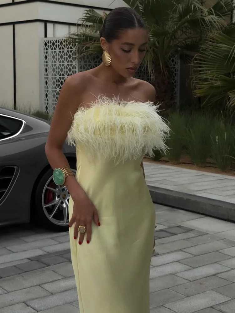 100% Satin Feather Strapless Dress Sexy Backless Off Shoulder Slim Fit Long Dresses for Women 2025 Summer Party Street Gown XJ250722