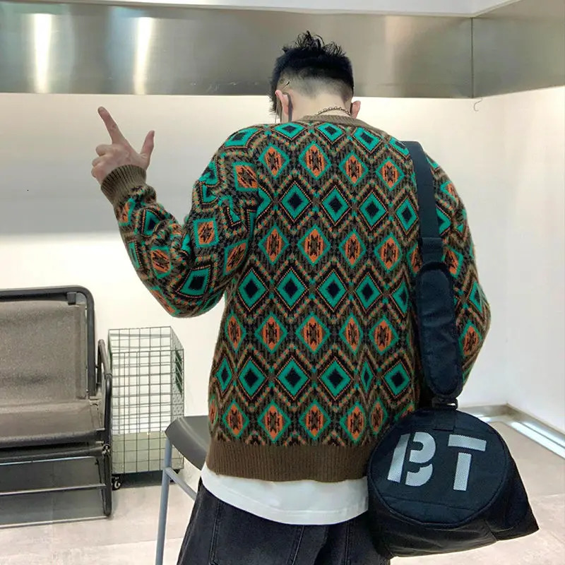 Autumn Winter Fashion Round Neck Long Sleeve Patchwork Printing Pullovers Mens Clothing Casual Loose Knitting Trend Tops 250717