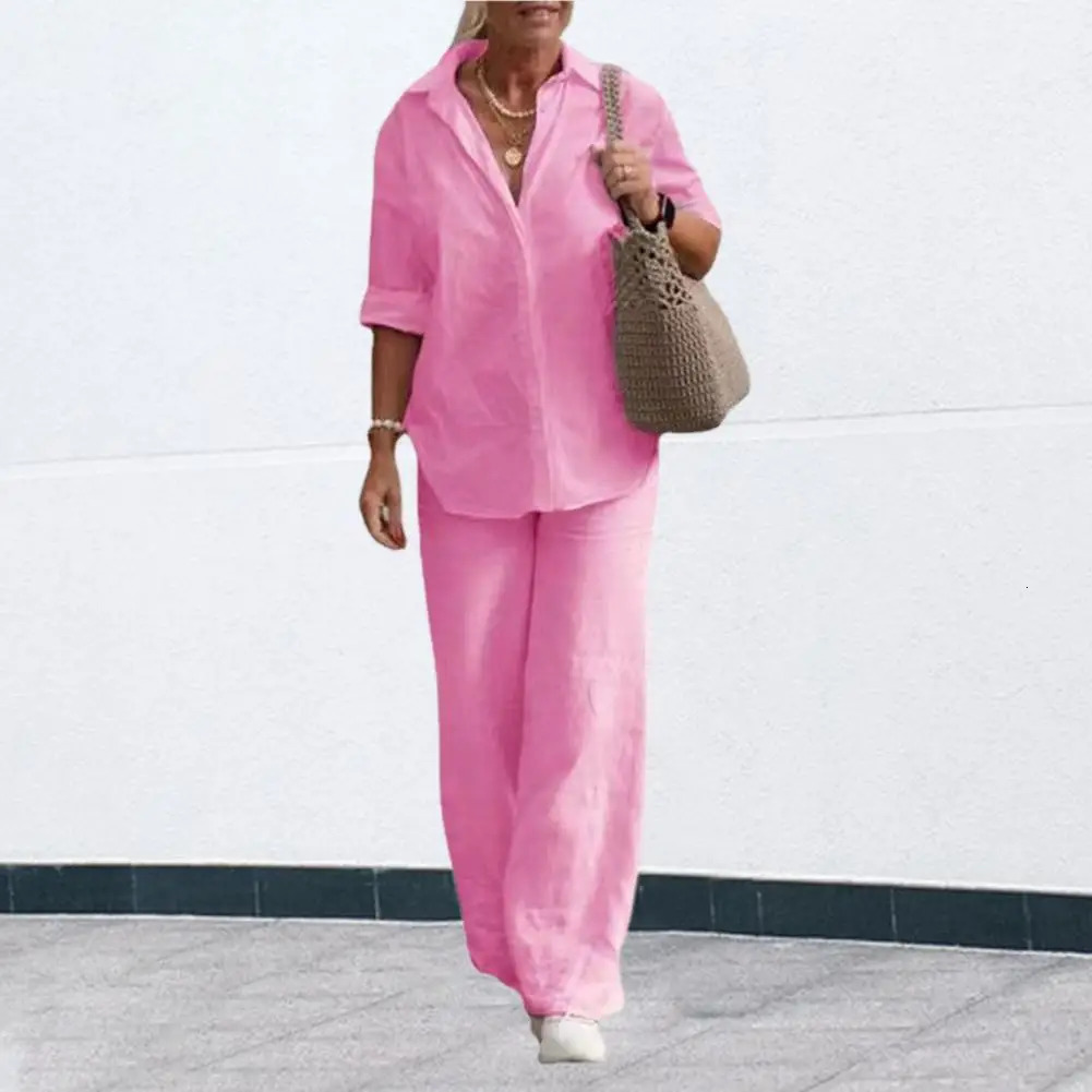 Two-piece Set Women Summer Suit Plus Size Cotton Linen Single-breasted Shirt Trousers Casual Top Wide Leg Pants Loose Outfits 250714