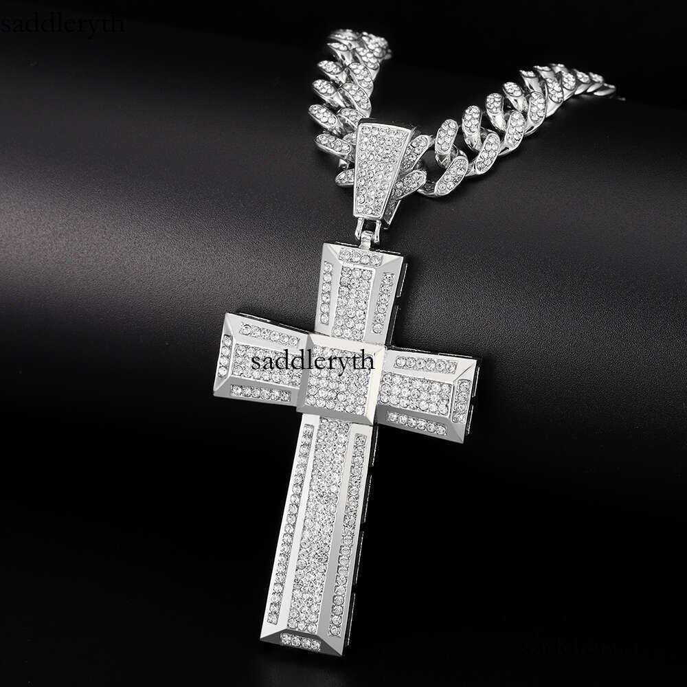 Gold Color Men 13mm Cuban Chain Necklace Iced Out Bling Cross Pendant Hip Hop Jewelry Gift Women
