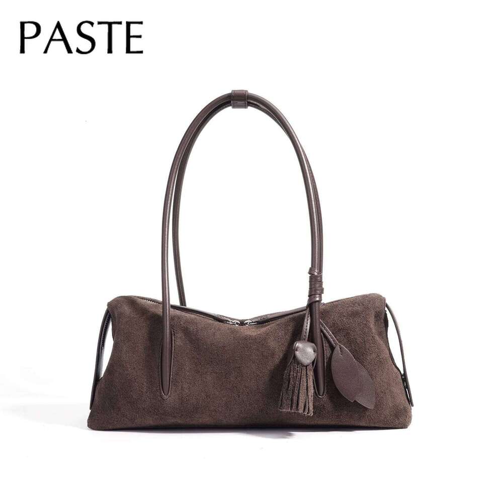 2026 Winter New Collection Tassel Design Lazy Bowling Tote Cherry Red Coffee Suede Cow Leather Women Armpit Shoulder Bag