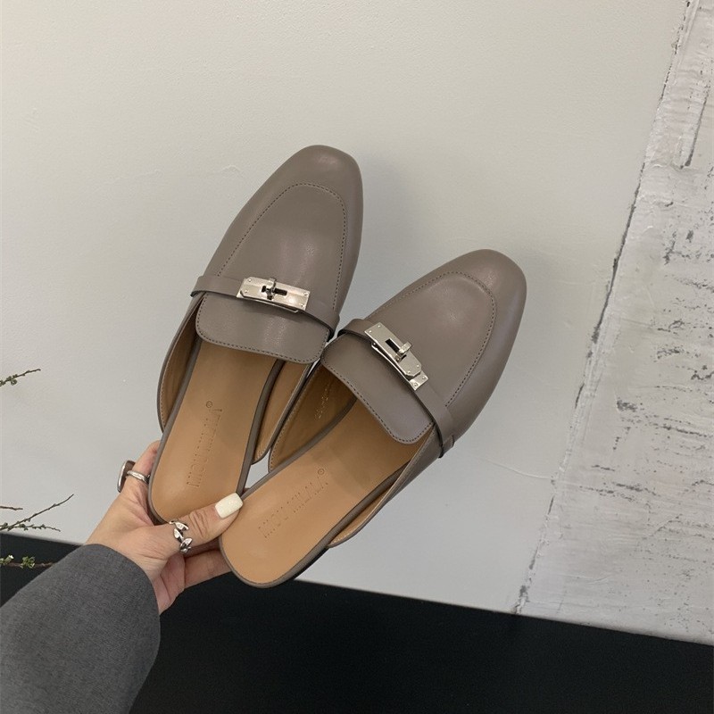 French cowhide sandals toe semi-slippers women's wears spring and summer lazy casual one-footed muller commuter shoes2025
