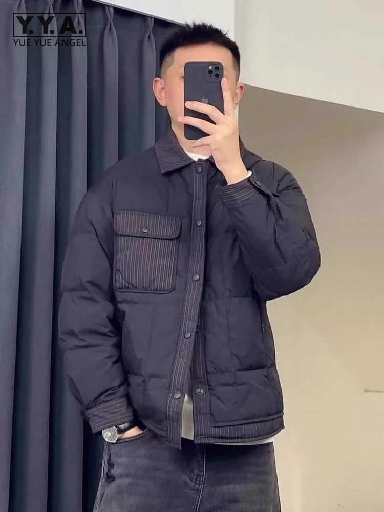 Spliced Turndown Collar Winter Mens Down Coat Single Breasted High Street Outerwear Long Sleeve Loose Fit Warm Casual Jacket W250722