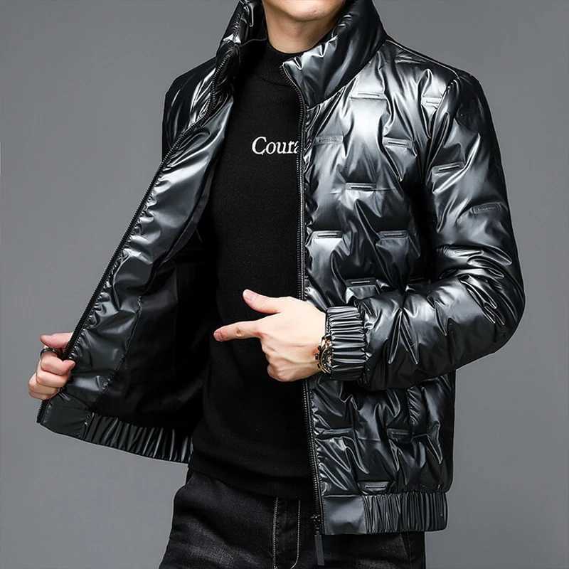 Winter New Style Mens Bright Leather Fashionable Down Jacket Casual Stand Collar Short Mens White Duck Down Feather W250722