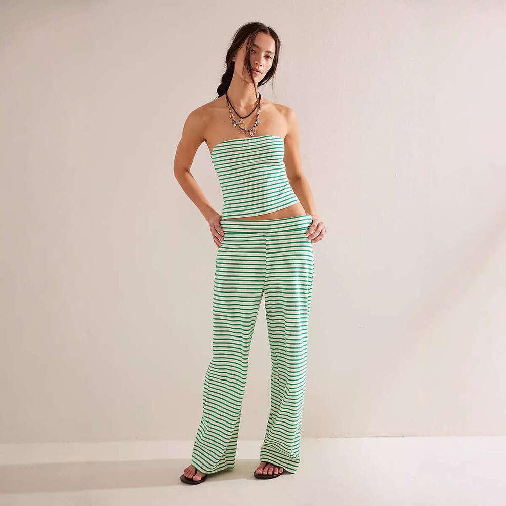 Sexy Slim Fit Casual Striped Color Block Tube Top Fashion Elastic Waist Long Pants Two-Piece Set B5