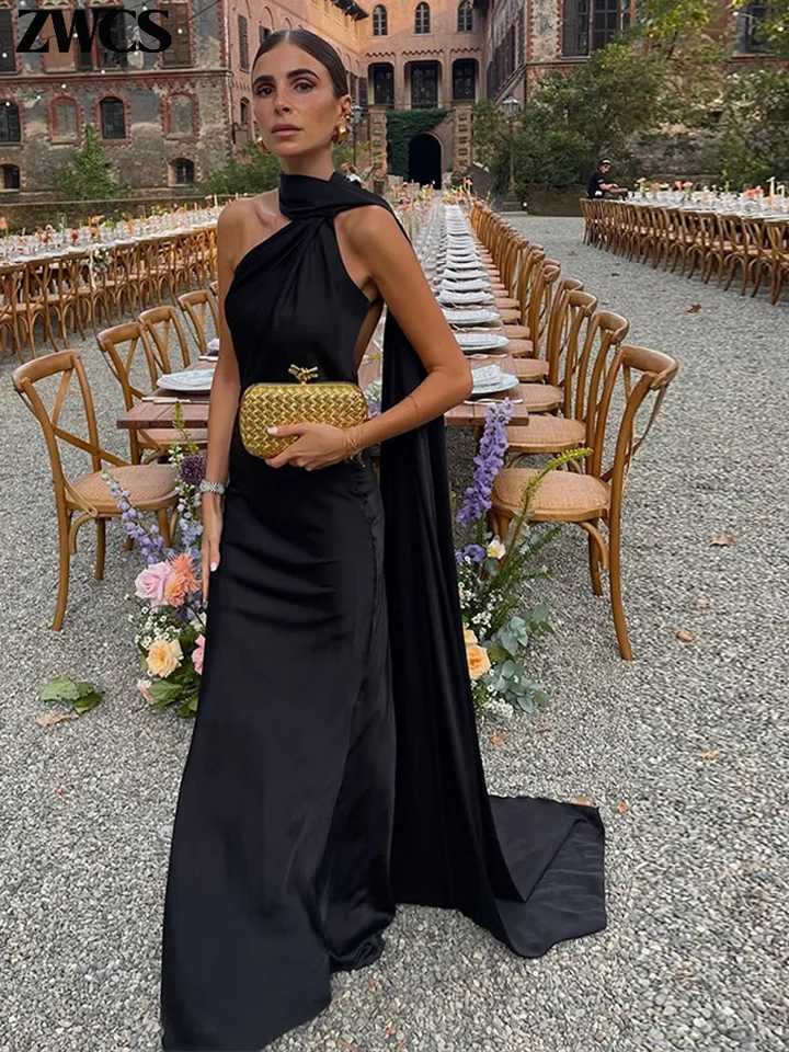 2025 Summer New Lady Evening Gowns Satin Ribbons Halter Party Dress Womens Sexy Backless Off Shoulder Sleeveless Robes XJ250722