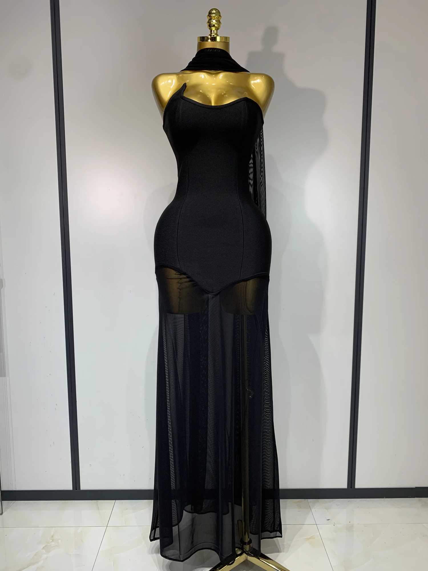Sexy Strapless Long Bandage Dress Black Mesh Patchwork Evening Party Gowns Bodycon Birthday Dresses XJ250722