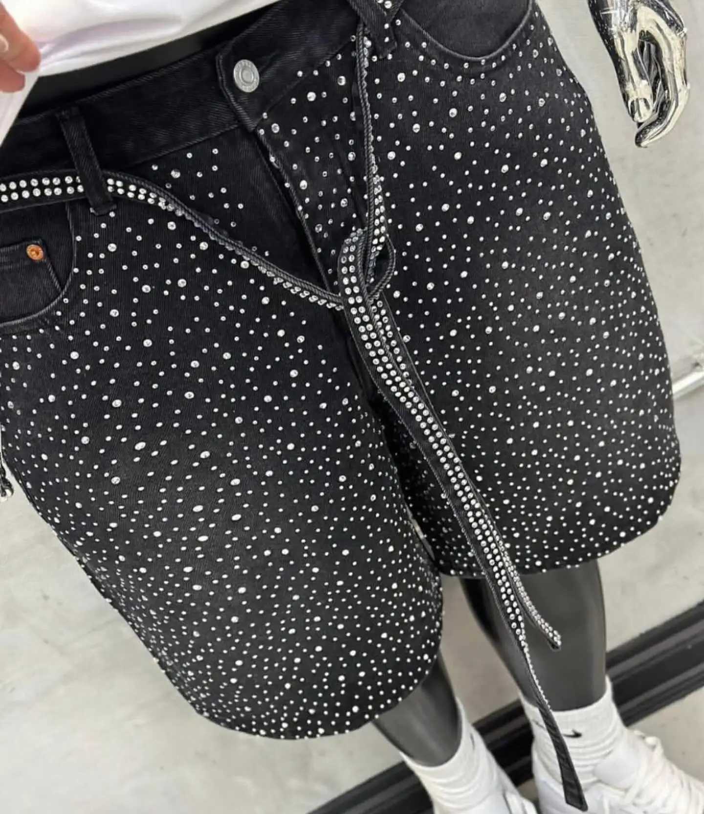 Dope Mens Faded Denim Shorts with Bling Rhinestone Accents Urban Streetwear Tough Washed Fabric Adjustable Lace Up Style Y2508141