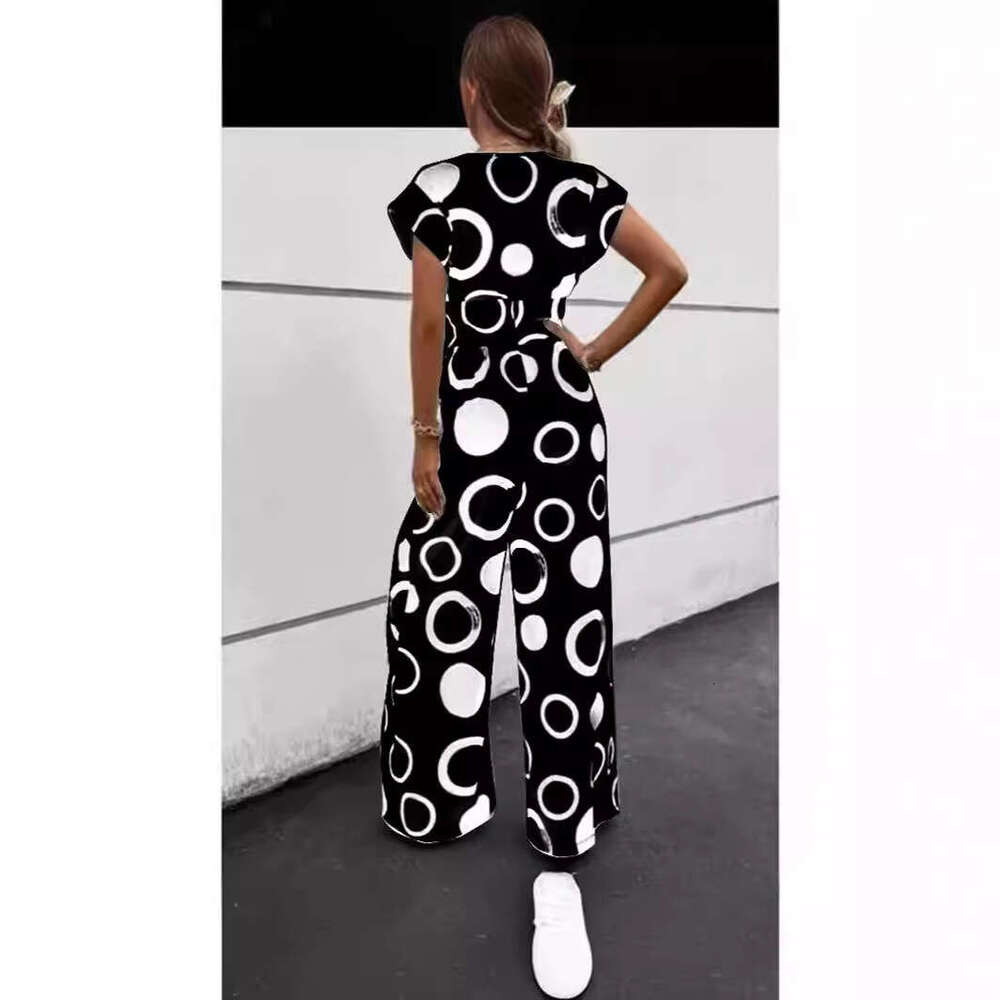 New Fashion Elegant Casual V-Neck High Waist Printed Wide-Leg Belted Jumpsuit B5