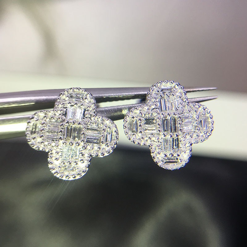 Silver - Tone Clover - Shaped Stud Earrings With Baguette Rhinestone Accents Elegant Party Jewelry And Gift For Her High Quality And Sparkling Jewelry