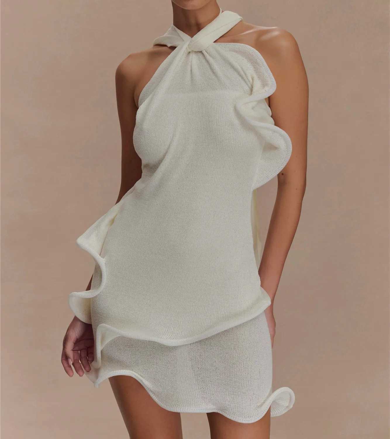 hirigin Women Knitted Halter Mini Dress Sleeveless Crochet Ruffle Edge Bodycon Short Dresses Y2k Sexy Beach Coverup Sundress XJ250722