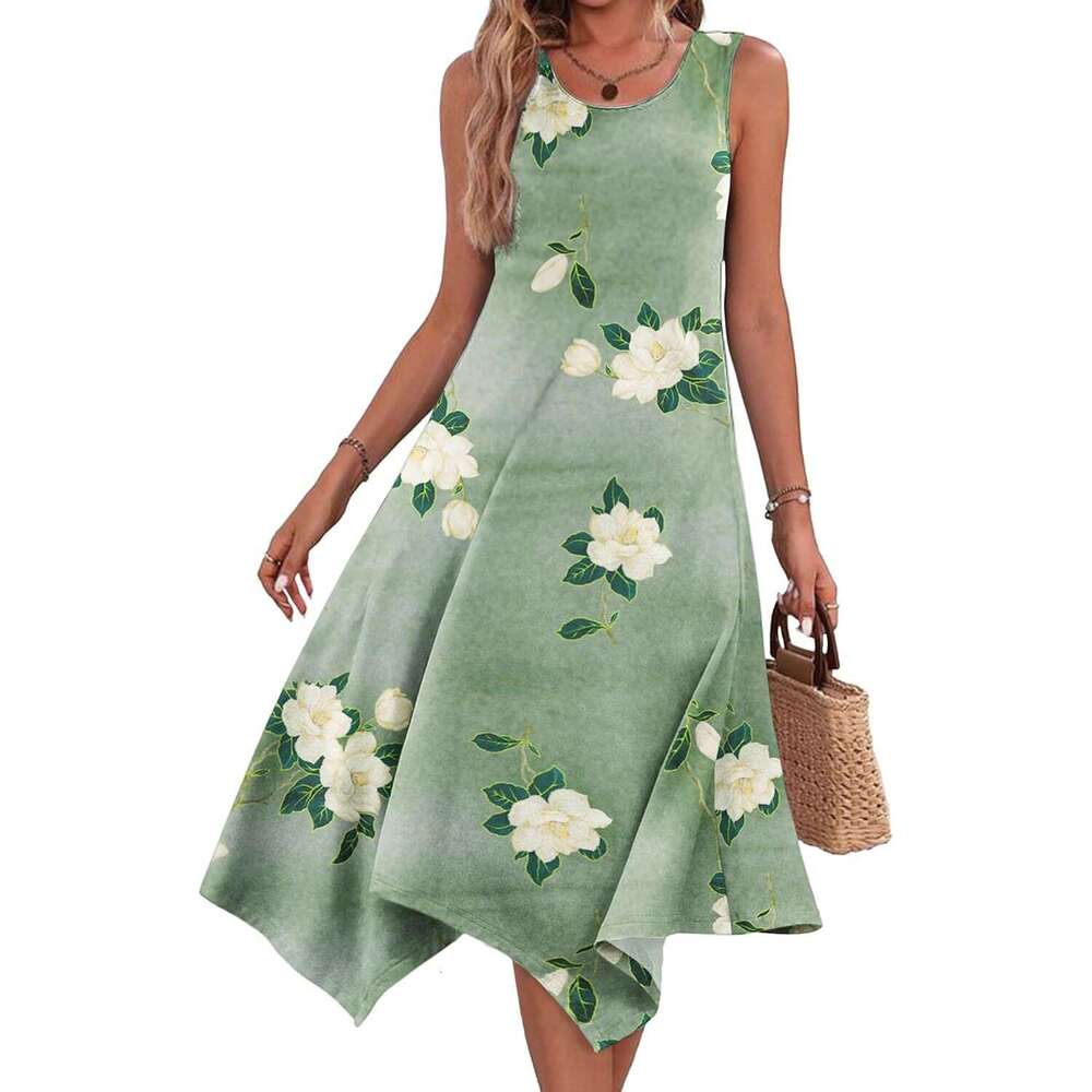 Women's Summer Mid-Length Fashion New Printed Sleeveless Flared Dress B5