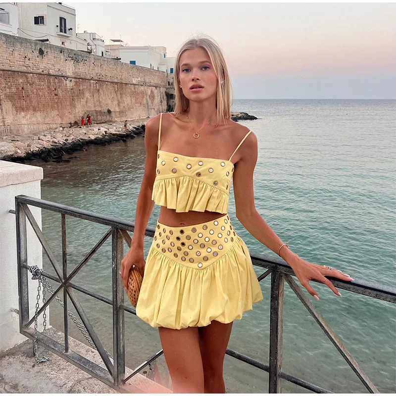 VEITCHE Women Metal Hollow Pleated Suspender Skirt Suit Sexy Sleeveless Vest High Waist Mini Skirt Lady Vacation Dress Set 250714