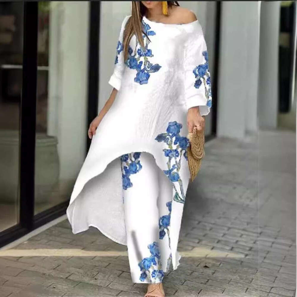New Women's Fashion Casual Loose Irregular Print Nine-Quarter Sleeve Sunscreen Shirt Wide-Leg Pants Set B5