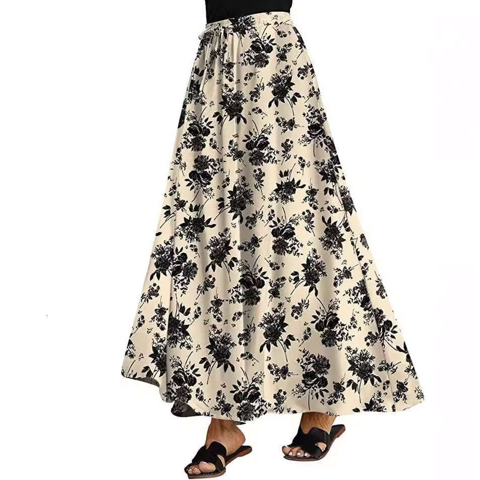New Style Swing Elastic Waist Tie Print Double Pocket Midi Skirt For Women B5