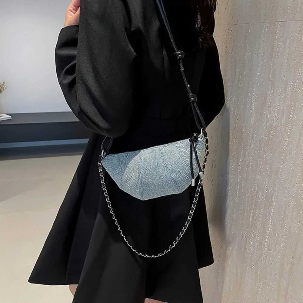 Fashion Chain Croissant Pack Satchel Half Moon Zipper Denim Dumpling Bag Korean Style Handbag Nylon Shoulder Bag Student XJ250704