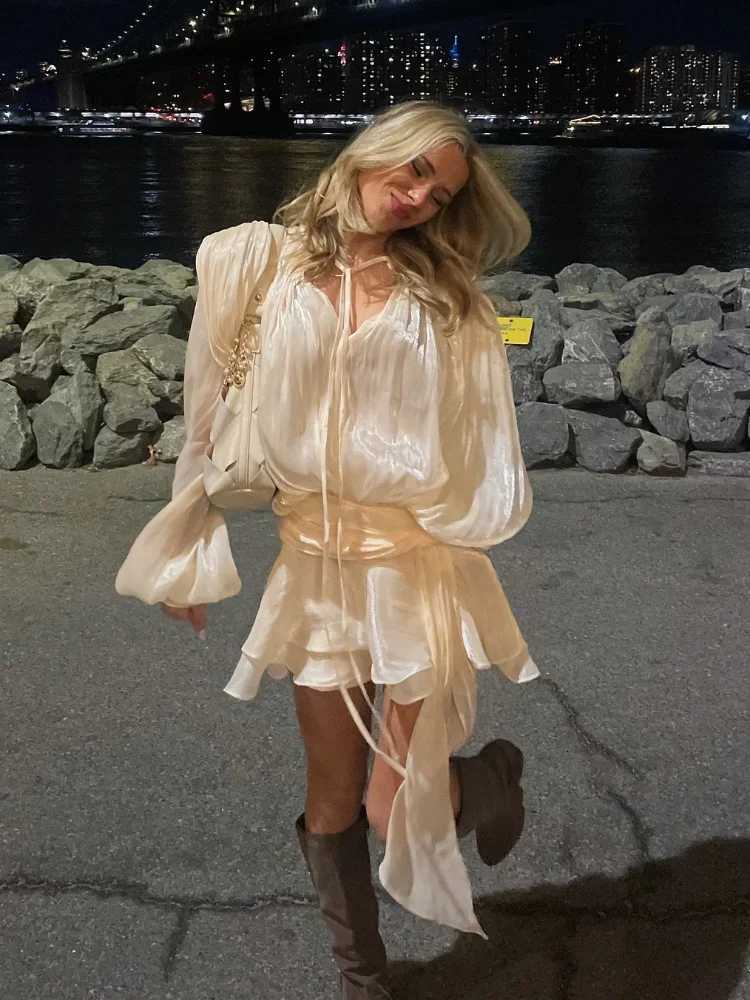 Ele Ruched Mini Dress For Women Round Neck Lantern Long Sleeve High Waist Temperament Dresses Fe Fashion 2025 CLOTHING XJ250722