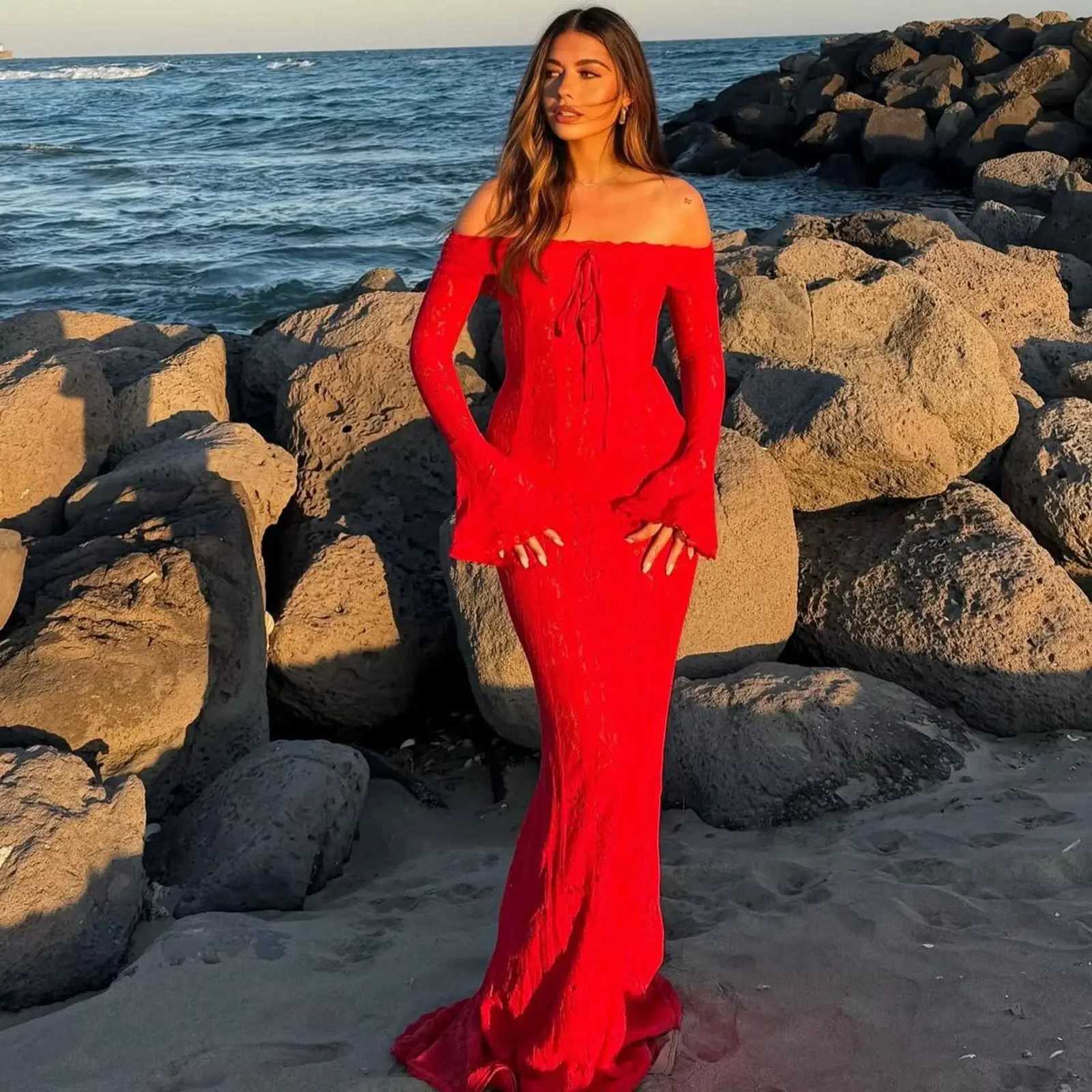 Ele Long Lace Dress with Shoulder Bows Flared Sleeve Bodycon Silhouette Empire Waist Draping Skirt for Women XJ250722