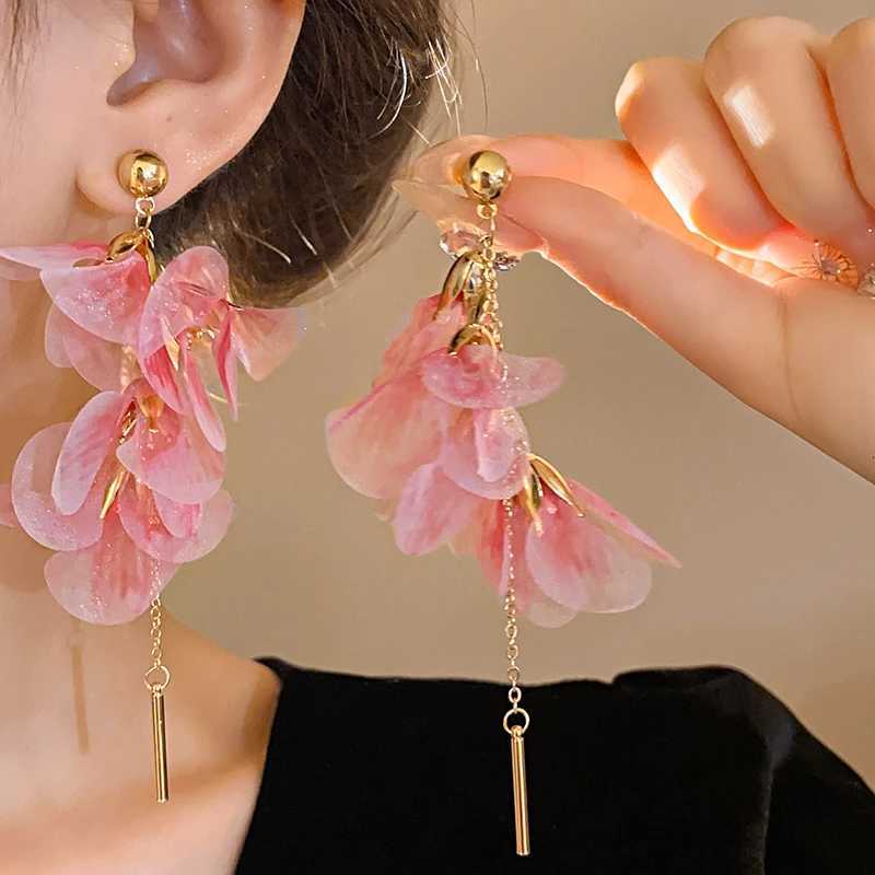 Pink Flowers Mesh Long Tassel Earrings For Women Sweet Temperament Crystal Drop Dangle Earrings Party Wedding Jewelry Wholesale XJ250722