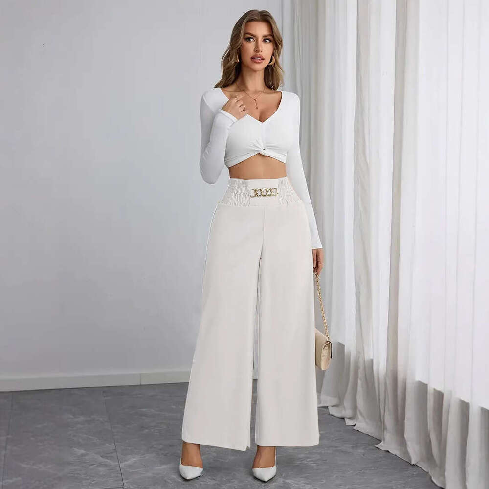 New High-Waisted Slimming Elegant Commuter Solid Color Chain Gathered Spring And Autumn Wide-Leg Pants B5
