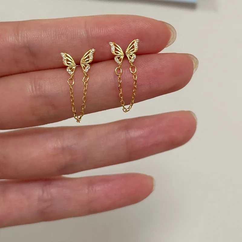Fashion Silver Color Hollow Butterfly Stud Earrings for Women Girl Simple Double Ear Hole Tassel Chain Earrings Jewelry Gift XJ250722