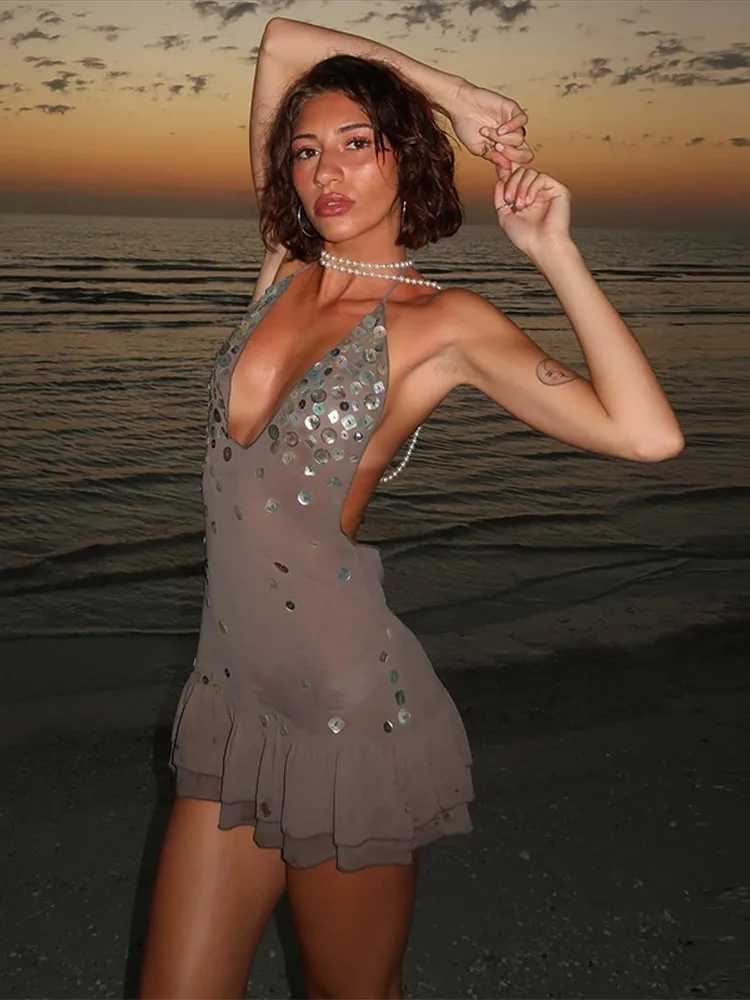 Fashion Halter Sequin Mini Dress Women V-neck Sleeveless Lace Up Backless Pleated Dresses 2025 Summer Chic Lady Beach Dresses XJ250722