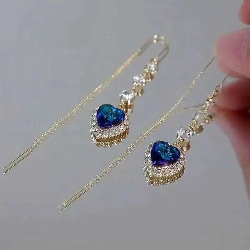 Exquisite Blue Heart Shed Zircon Earrings for Women Luxury Long Tassel Ear Line Dangle Earring Ladies Wedding Party Jewelry XJ250722