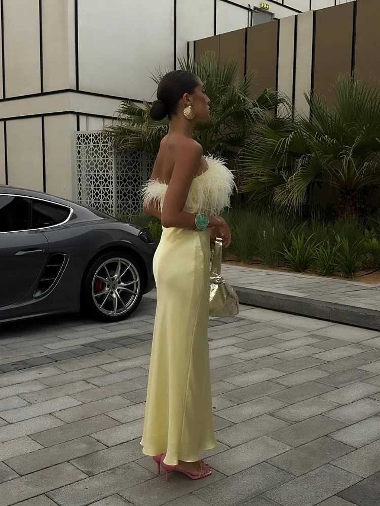 100% Satin Feather Strapless Dress Sexy Backless Off Shoulder Slim Fit Long Dresses for Women 2025 Summer Party Street Gown XJ250722