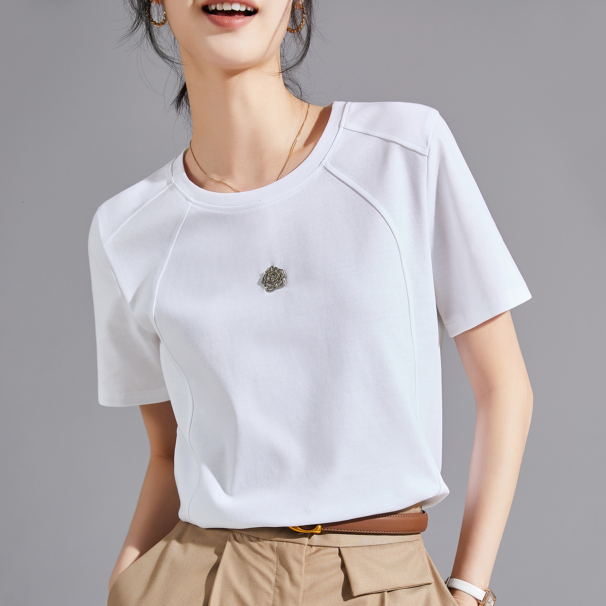 Camellia Liquid Ammonia White Short Sleeve Regular Shoulder TShirt for Women 25 Summer Mercerized Cotton Round Neck Base Shirt Womens TShirt Half Slee
