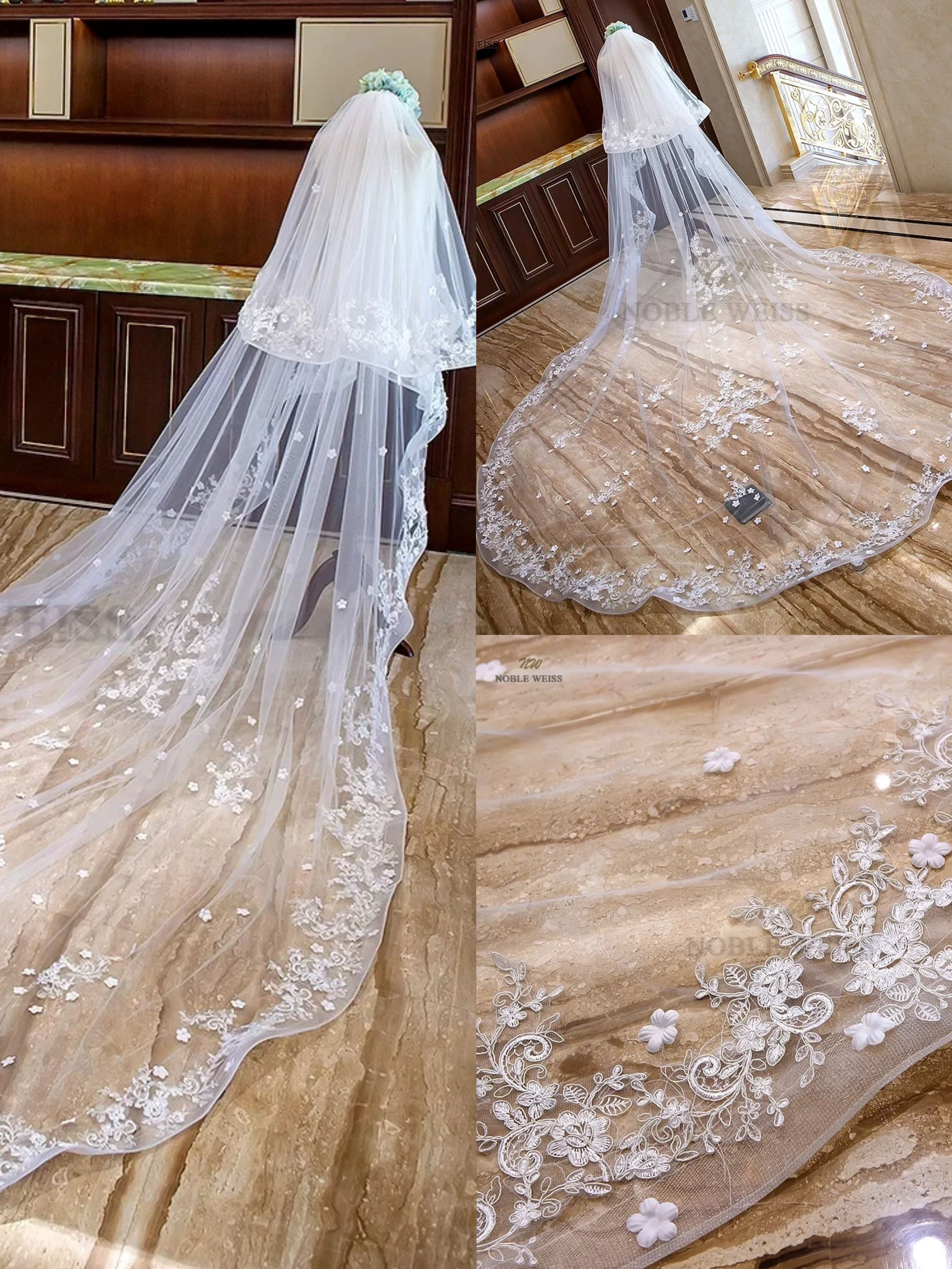 Customized Long Wedding Veils With Comb Two Layers Appliques Bride Veil Lace Edge Tulle Wedding Accessories