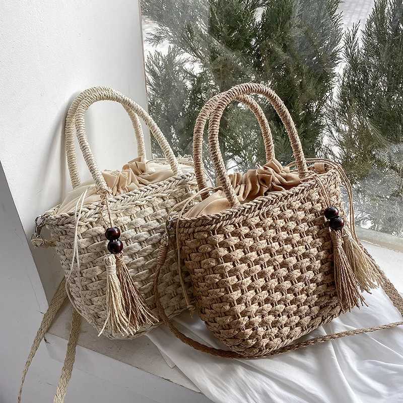 100% Handbags Str Rattan Woven Crossbody Bag Summer Boho Beach Tassel Design Basket Bag Fi Shoder Messenger Bag Y250722