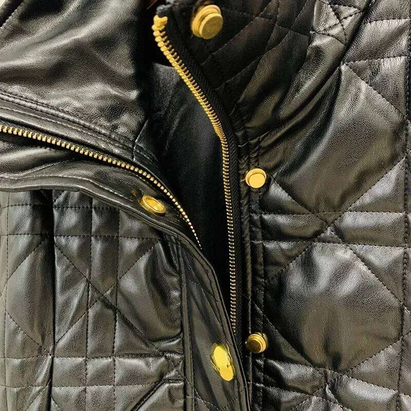 hoodie Classic Gold Buttons Black Leather Jacket Motorcycle Lapel Long Sleeves New in Outwears Ladies Slim Short Coats Women jacket