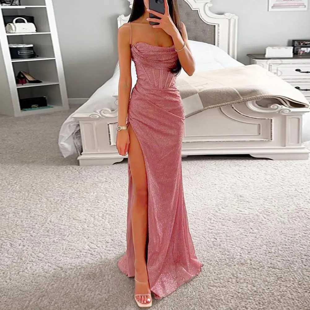 Woman Spring Summer Bodycon Dress Sexy Shiny Sequins Spaghetti Strap Split High Waist Dress Womens Prom Dress Evening Dresses XJ250722