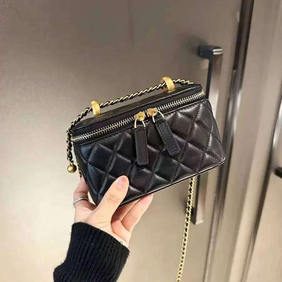 Tweed Style Genuine Leather Women's Gold Ball Argyll Chain High-End Feel Lipstick Crossbody Small Square Bag