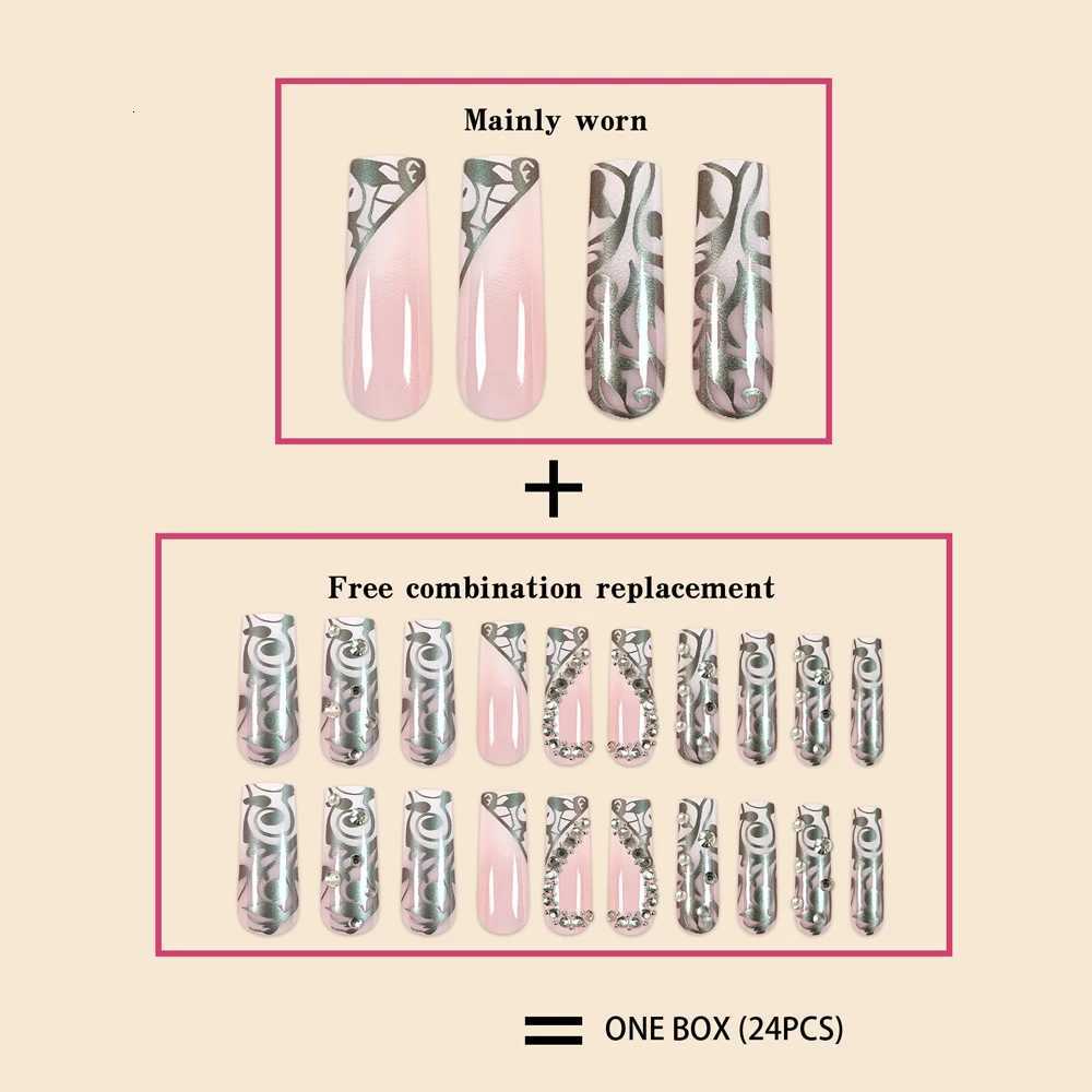 Luxury Fashion Ladies Super Long Square French Silver Vine Patchwork Diamond Heart Decoration Full Coverage Wearable Fake Nail W250722