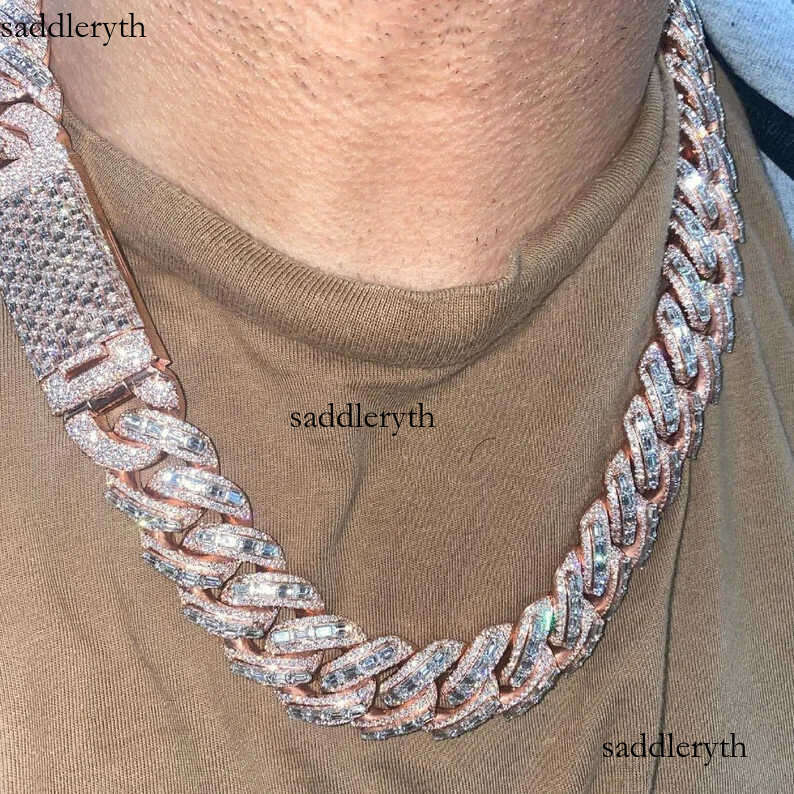20mm Vermeil Hip Hop Sier with 14k Rose Gold Plated Chains Necklace Emerald Cut Moissanite Dia Iced Out Cuban Link Chain