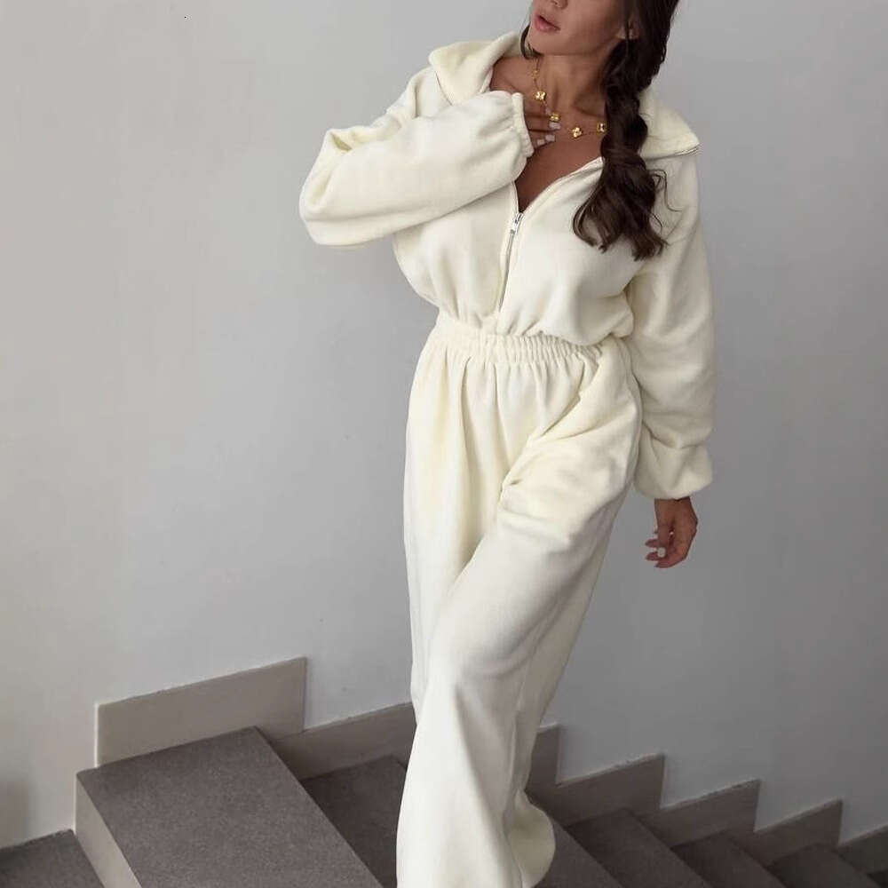 Spring And Autumn Women's New Fashion Long Sleeve Casual Half-Zip Elastic Waist Jumpsuit Set B5