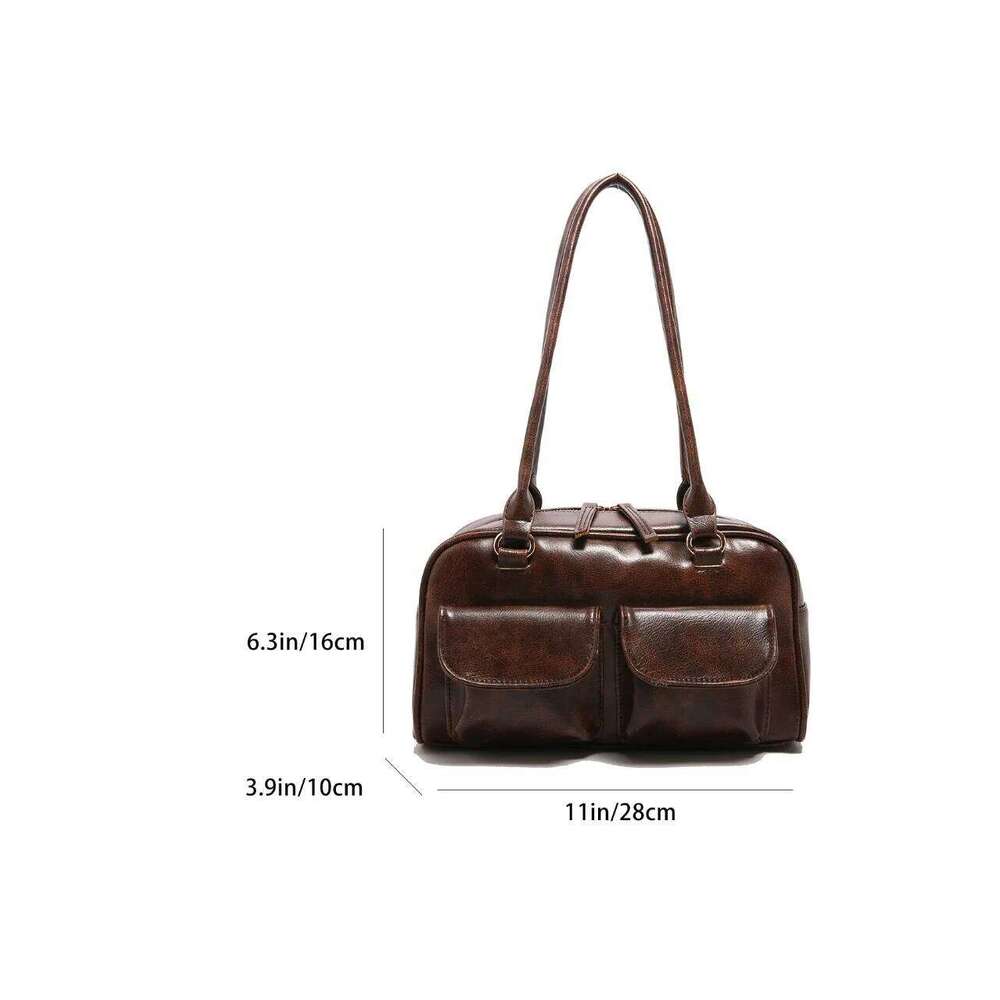 Vintage Women Business Shoulder Bags Simple Ladies Commute Tote Pu Leather 2 Pocket Chic Female Underarm Hand Bag Handbags