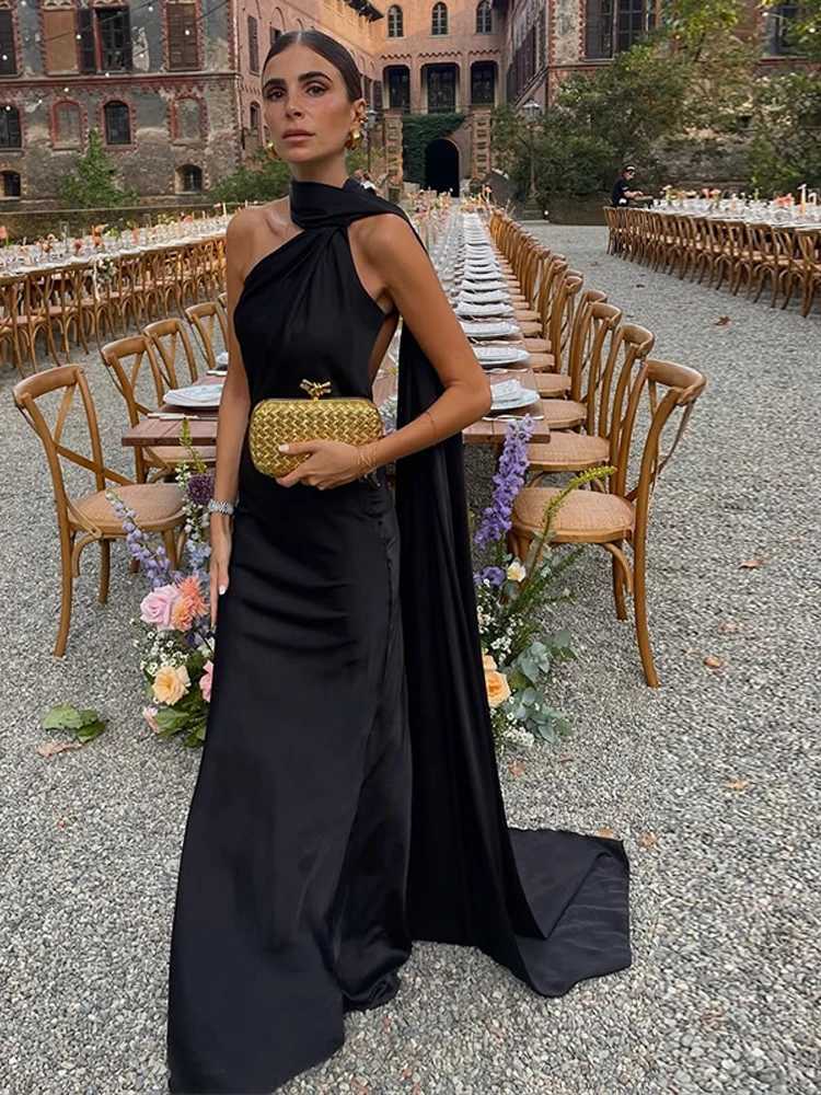 Fashion Solid Satin Halter Maxi Dress for Women Scarf Collar Backless Sleeveless Long Dress Lady Holiday Evening Party Dresses XJ250722
