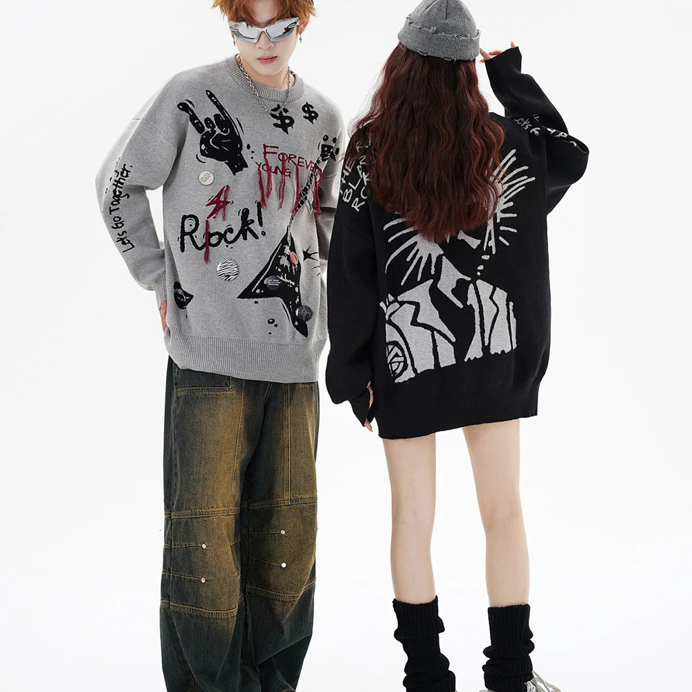 High Street Letter Graffiti Baggy Pullover Sweater for Men and Women Round Neck Black Gray Knitted Wool Sweaters Oversized 250717