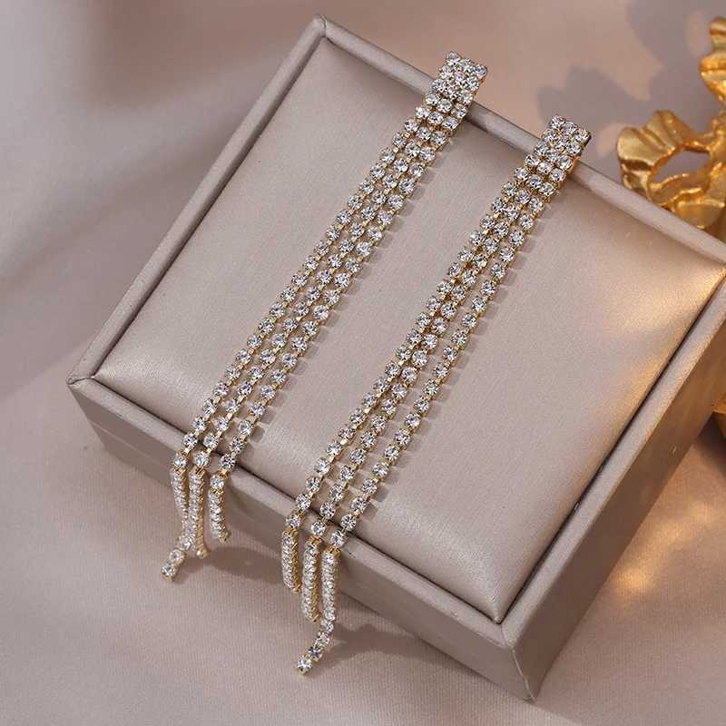 Simple Trend Long Shiny Full Crystal Rhinestone Tassel Earrings For Women Drop Dangle Bridal Wedding Earrings Stud Jewelry Gift XJ250722