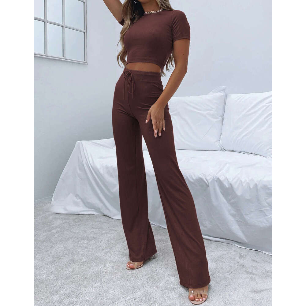Summer Women's Ribbed Short Sleeve Crop Top And Long Pants Knitted Casual Set B5
