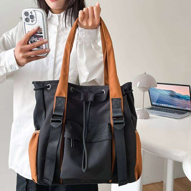 Splash Proof Nylon Fabric Shoulder Crossbody Bags for Women Multi-pocket Drawstring Tote Bag Large Capacity Student Book Handbag