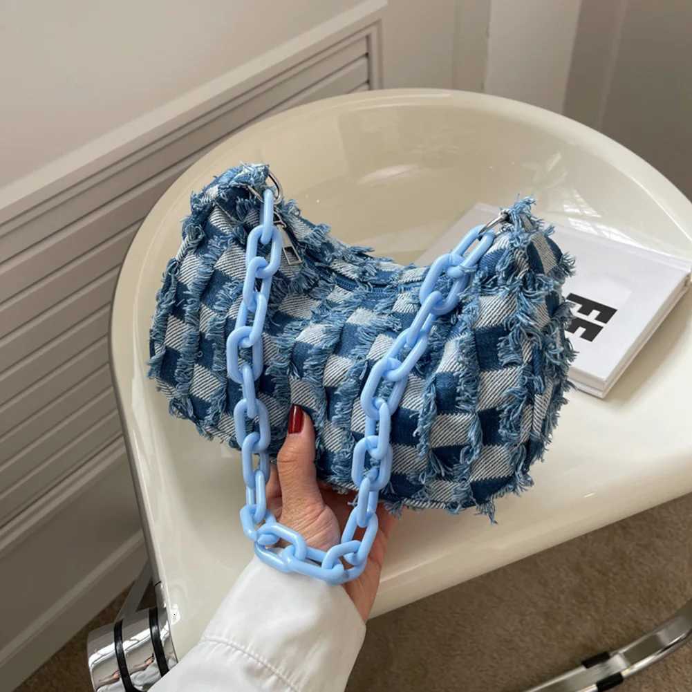 Vintage Women Casual Shoulder Underarm Bag Plaid Pattern Printed Denim Small Purse Ladies Chain Leisure Handbags XJ250704