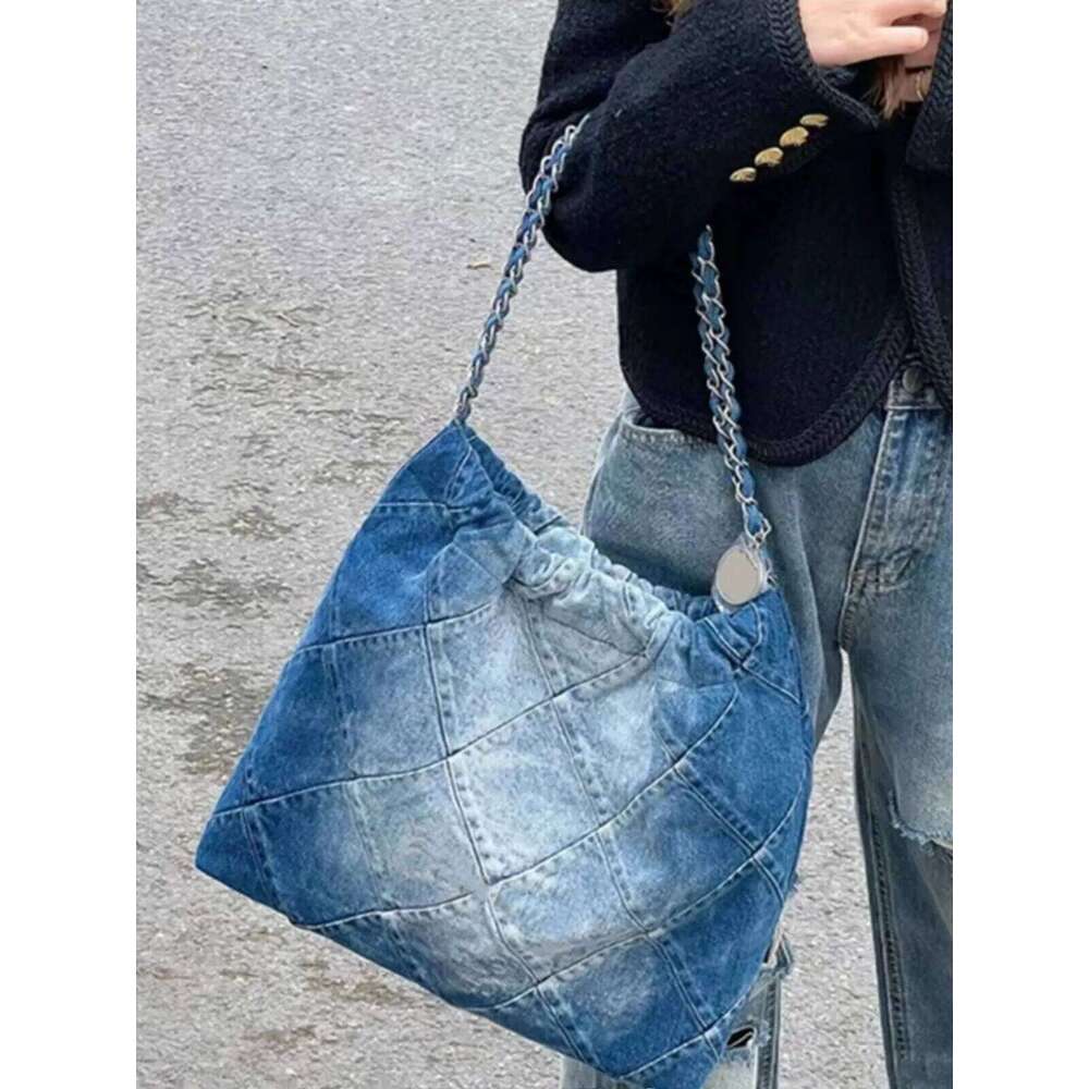 New Dia id Chain Small Fraance Tra Single oulder Retro Denim Large Capaci Underarm Tote Bag