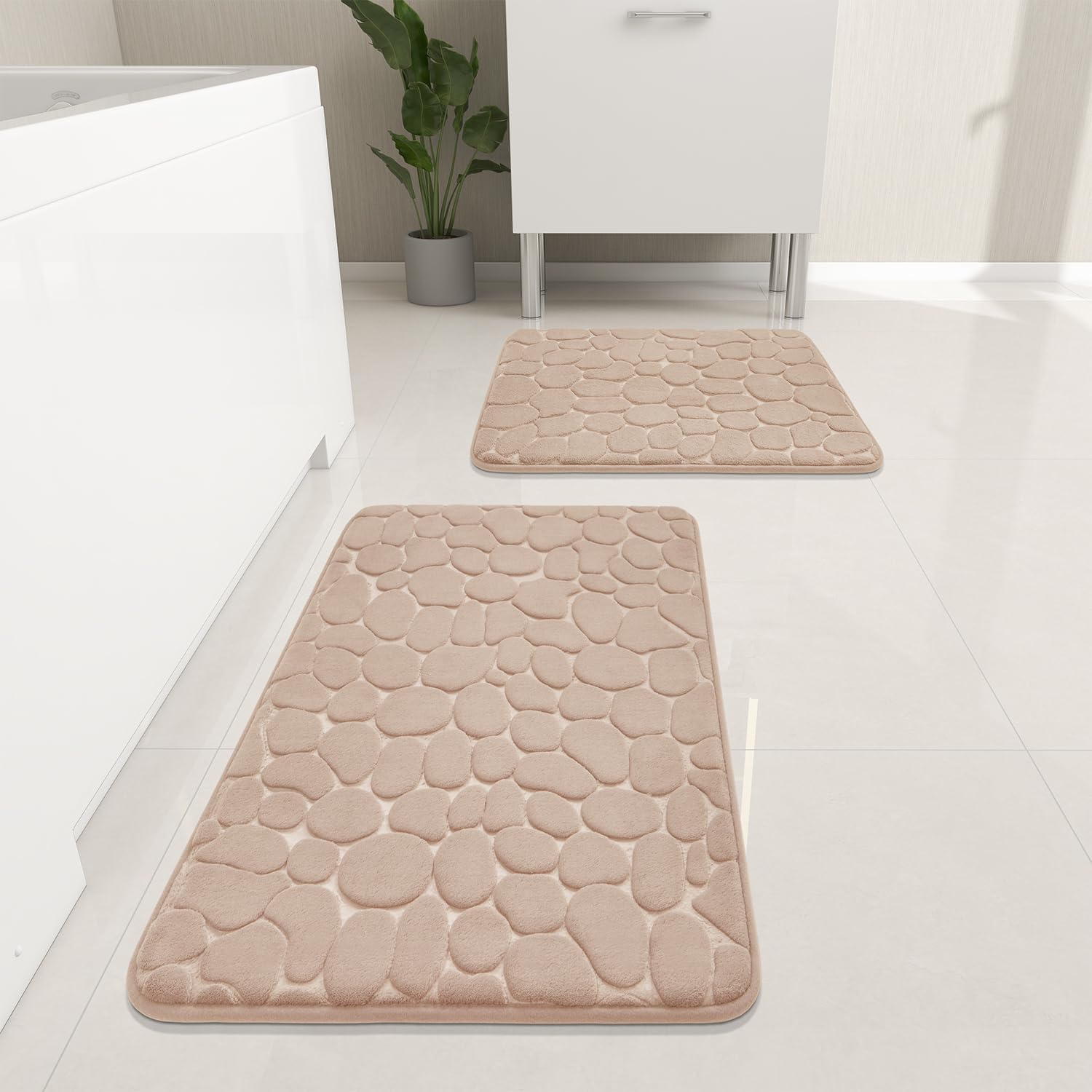 Bathroom Rugs Sets 3 Piece Cobblestone Style 40D Quickly Drying Non Slip Water Absorbent Washable Light Grey Bath Rugs for Tub Toilet and Floor(41*61+