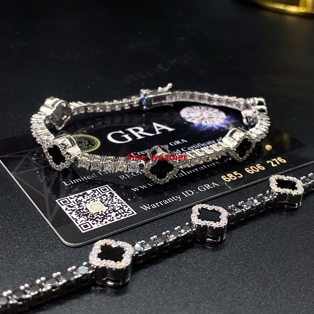Hot Selling Design Black Clover Tennis Chain Luxury VVS D Moissanite 925 Sterling Silver Tennis Bracelet 4mm Hip Hop Jewelry