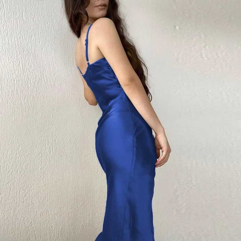 2024 Womens Spring New Strap Womens Dress European and American High End Sexy Spicy Girl Low Cut Satin Split Back XJ250722