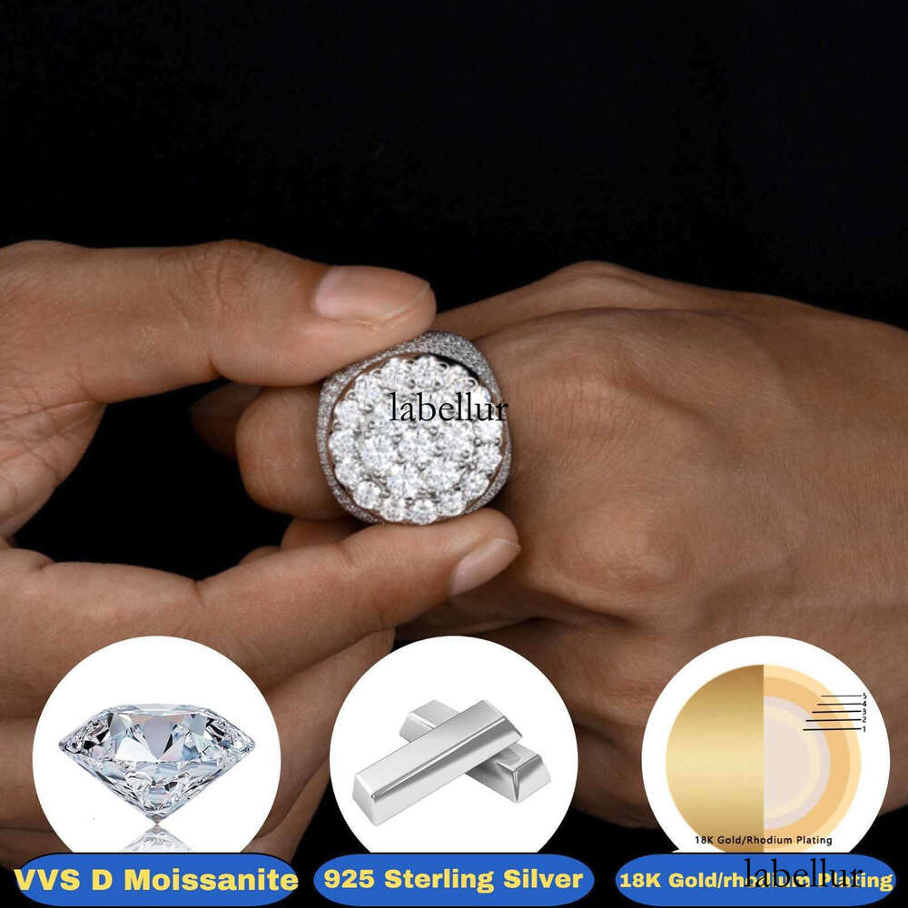 Mens Fine Ring 925 Sterling Silver Brilliant Cut VVS D Moissanite Diamond Wedding Occasion Metal Iced Out Cluster Ring