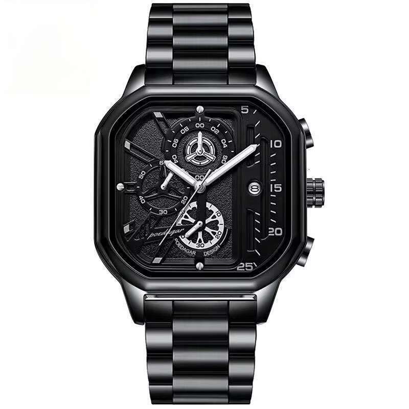 DHwatches POEDAGAR Men's Sports Chronograph Watch - 50M Waterproof, Luminous, Square Dial, Stainless Steel Band, Multifunction Quartz Watch